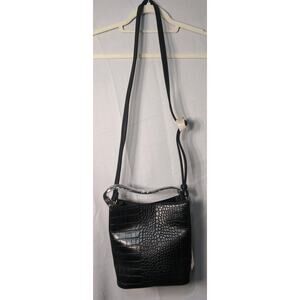 AOTA Elena Vegan Croc-Embossed Leather Crossbody Strap Bucket Bag Black NWT